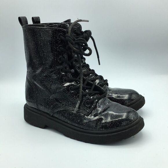 Madden Girl Black Patent Silver Sparkle Combat Boots Lace & Zip Girls 3 - Picture 1 of 9